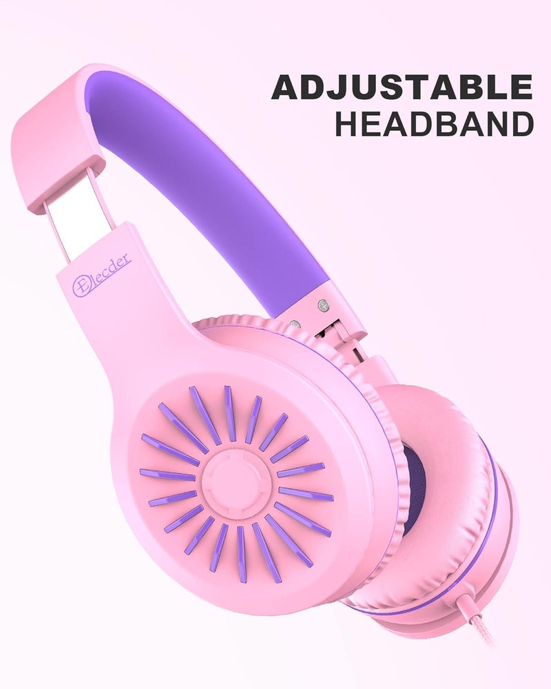ELECDER i45 On-Ear Headphones with Microphone - Foldable Stereo Bass Headphones with No-Tangle 1.5M Cord, 3.5MM Jack, Portable Wired Headphones for School/Kids/Teens/Smartphones/Travel/Tablet - Pink - Image 3